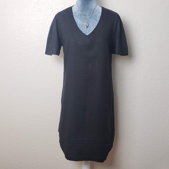 Nicole Miller Original Black V-Neck Short Flutter Sleeve Linen Blend Shift Dress - Picture 5 of 9